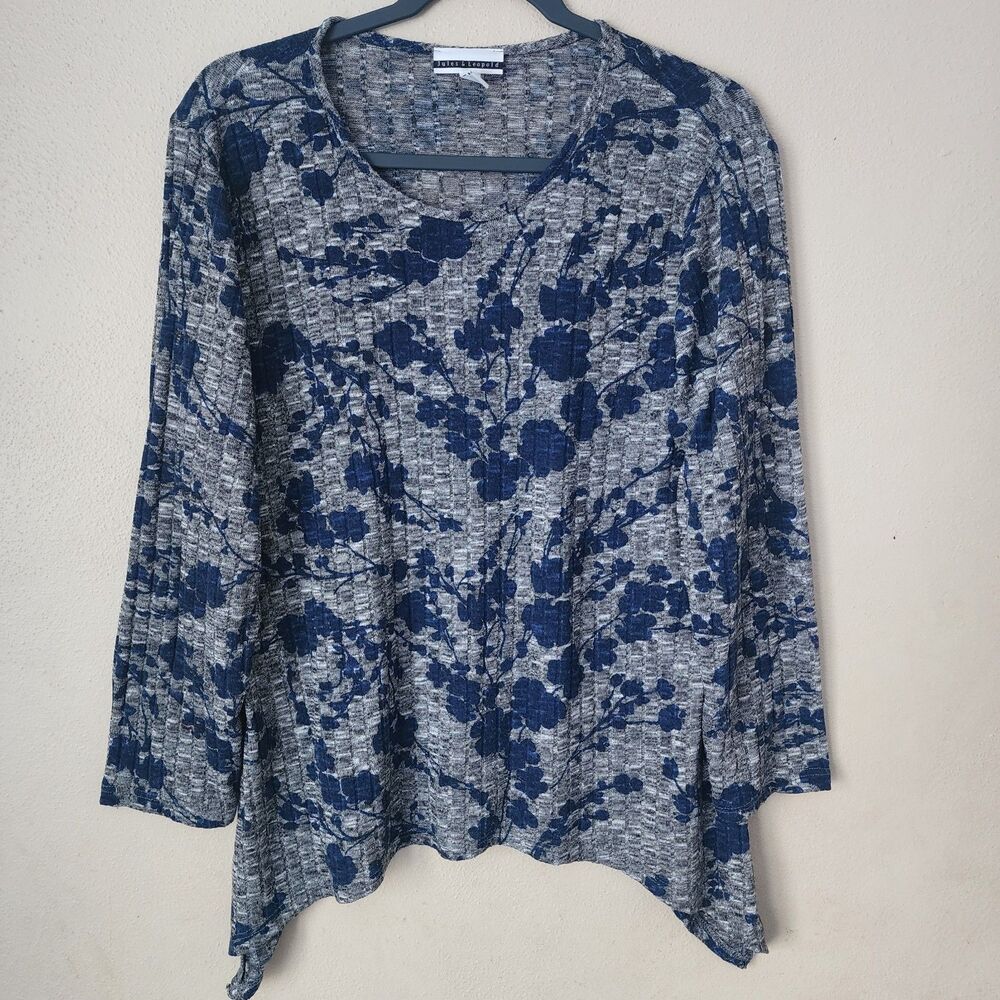 Jules & Leopold Gray Blue Geometric Long Sleeve Scoop Neck Blouse Size MP Boho